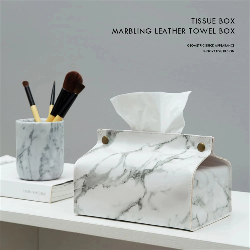 

Tissue Case Box Container PU Leather Marble Pattern Home Car Towel Napkin Papers Dispenser Holder Box Case Table Decoration