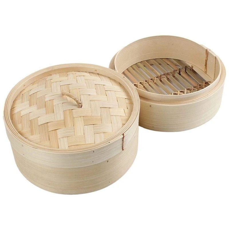 Bamboo Steamer 2 Tier 8 Inch Dim Sum Basket Rice Pasta Cooker Set with Lid By Steam for Vegetables | Дом и сад