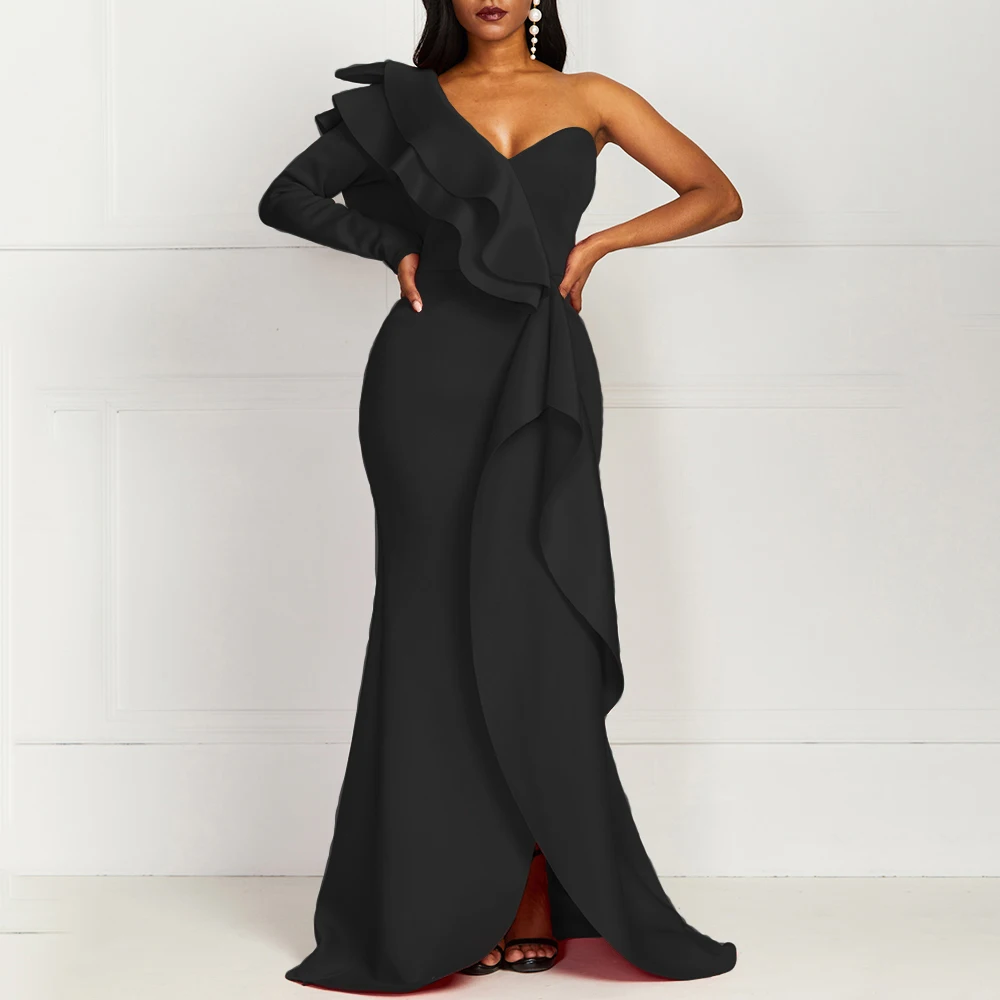 

One Shoulder Party Prom Long Dress Luxury Elegant Evening Bodycon Split Female Sexy Ruffles Women Maxi Dress African Style Black