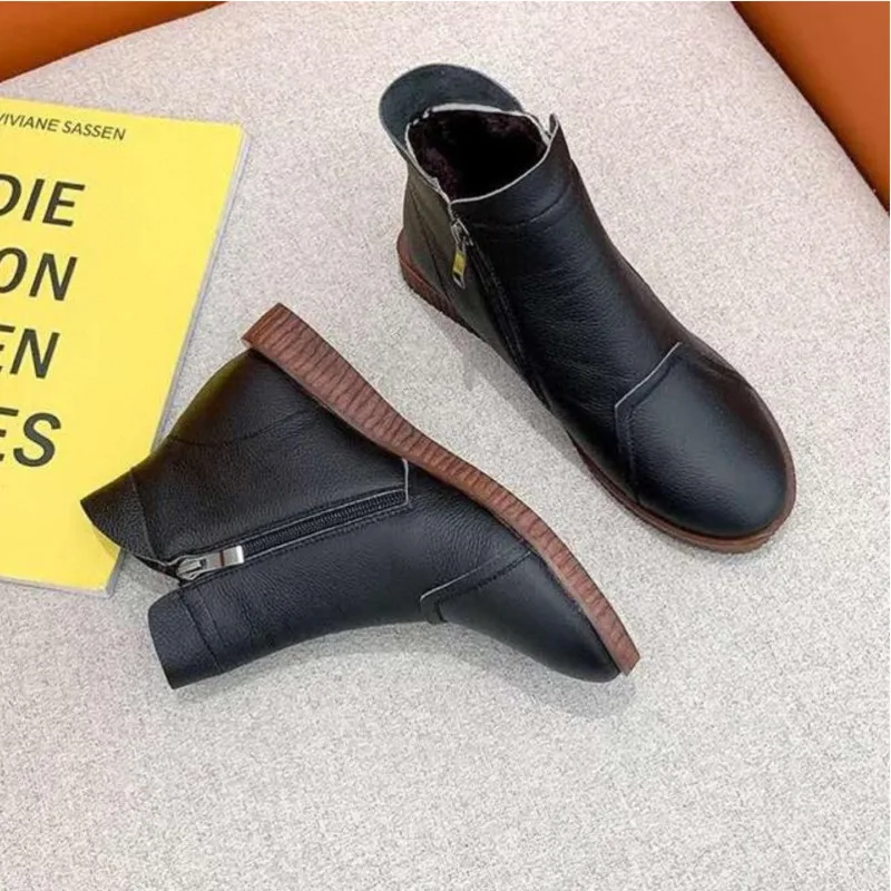 

2021 Winter Leather Ankle Boots Women Flat Non-slip Warm Shoes Round Toe Platform Chelsea Short Boots New Female Fashion Booties