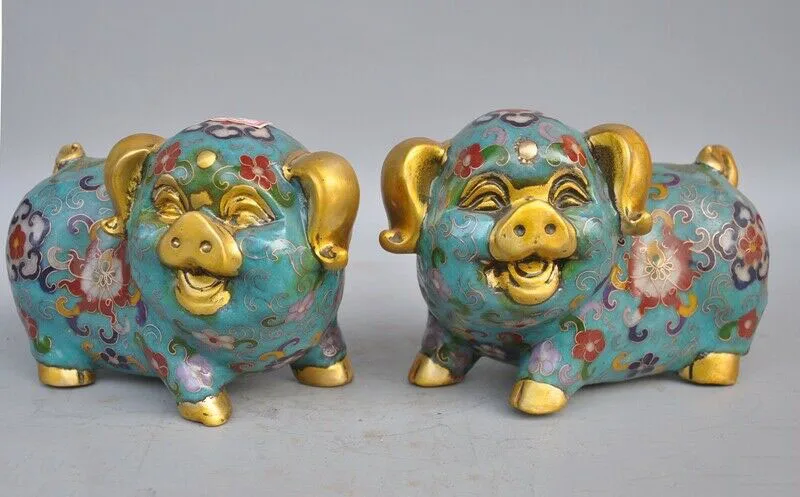 

wedding decoration 6"Chinese Feng Shui bronze Cloisonne enamel Gilt wealth animal Pig swine statue