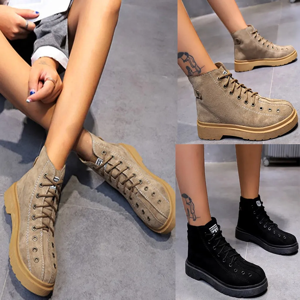 Martin Boots for women Lace-Up ankle boots 2019 Fashion Flock Bread Shape Winter Lace Up Casual Flat Heel Round Head Booties | Обувь