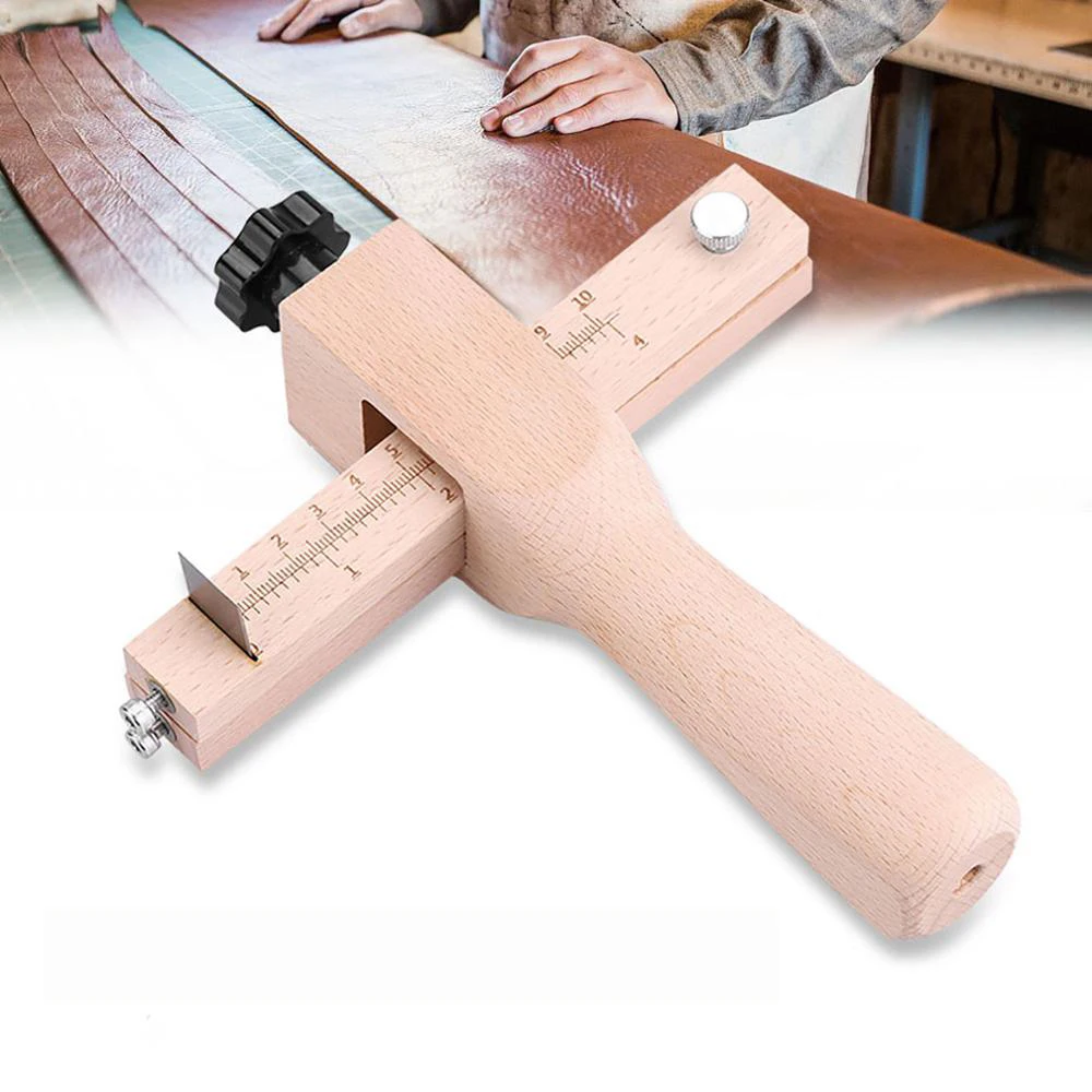 

Adjustable Leather Strap Cutter Leathercraft Strip Belt DIY Hand Cutting Wooden Strip Cutter with 5 Sharp Blades Leather Tools