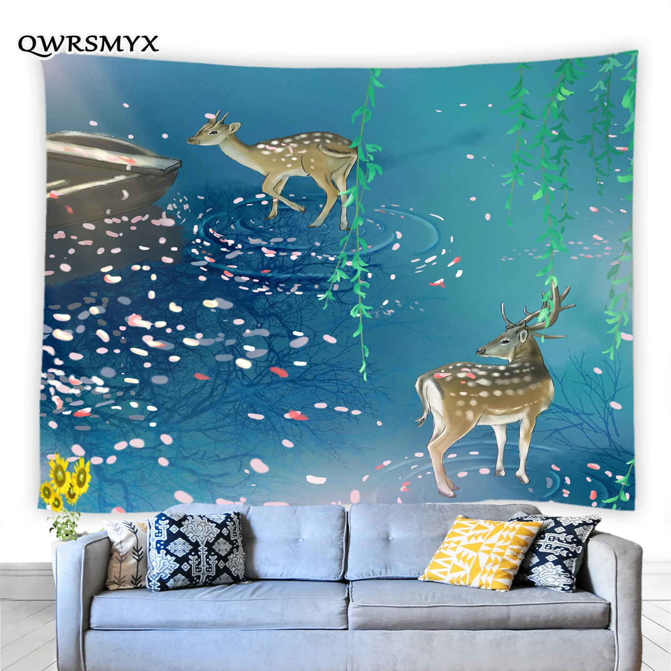 Tapiz de bosque de ciervos en invierno, Impresi&oacute;n de paisaje Animal, colgante de pared, sala de estar, dormitorio, decoraci&oacute;n de pared, tapices, arte est&eacute;tico para el hogar-2