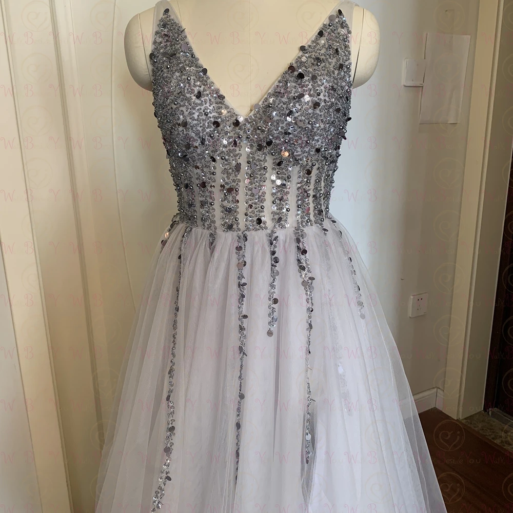 High Split Sexy V Neck Beading Sequins Prom Dresses 2021 Women vestidos de fiesta Formal Party Backless gala jurken Evening Gown | Свадьбы и