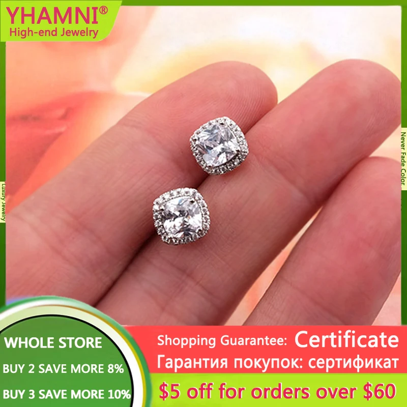 

YHAMNI With Certificate Silver 925 Earrings Fine Square Shiny Cubic Zircon Double Stud Earrings For Women Gift Wedding Jewelry