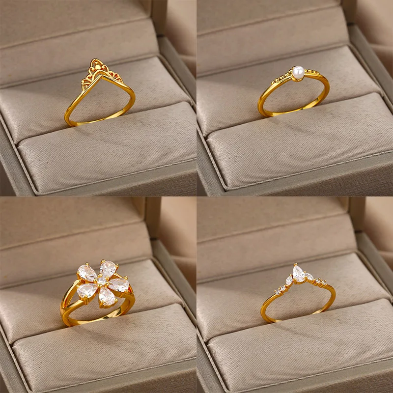 

Vintage Zircon Moon Star Rings For Women Stainless Steel Gold Lotus Five Petal Flower Crown Imitation Pearl Wedding Ring Jewelry