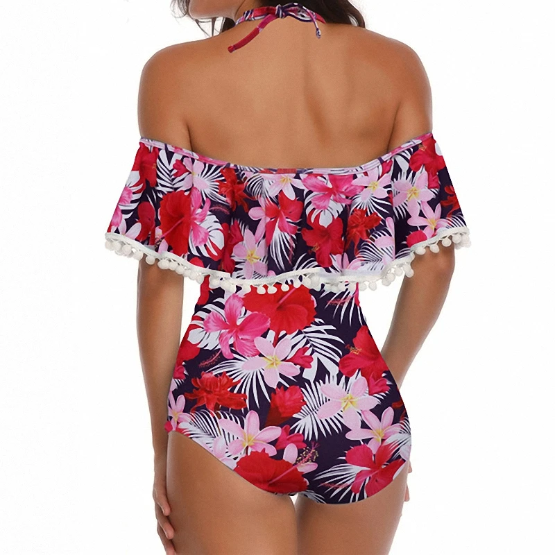 

2021 New Flying Edge Series Printing Ruffled Tied Halter Split Swimsuit Women Bikinis Set Swimwear Female Swimming Bathing Suits