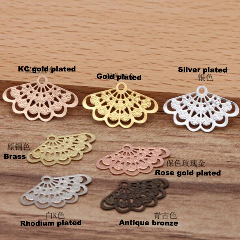 1000pcs Copper-plated 14x23mm fan shaped filigree flower wraps connector flower piece earring pendant charms findings FCN-030