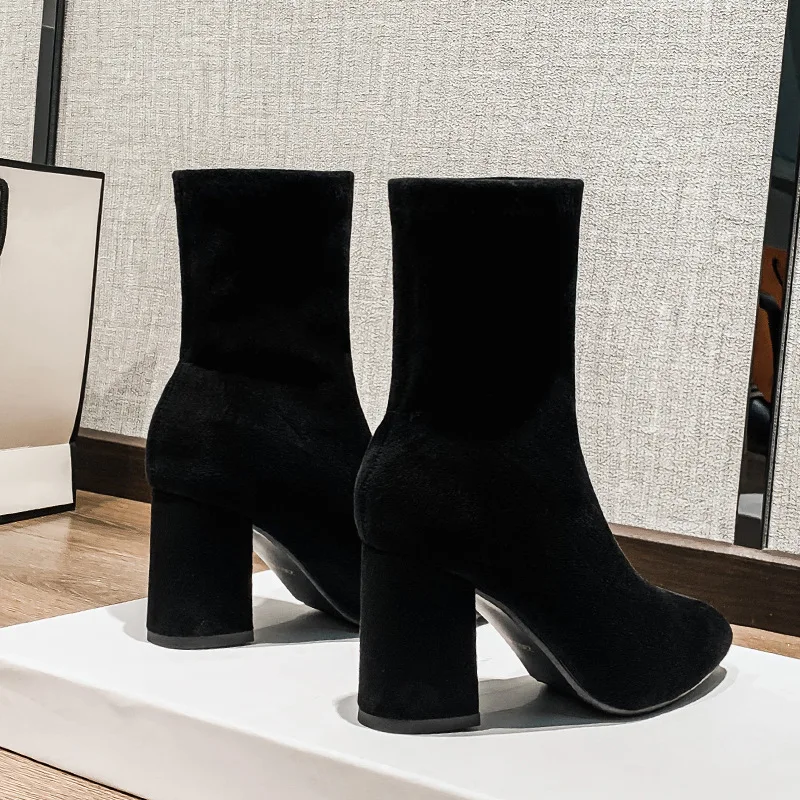 

Women Shoes Ankle Boots Flock High Heel Chunky Heel Suede Chelsea Boots Heightened Height Increasing 7cm