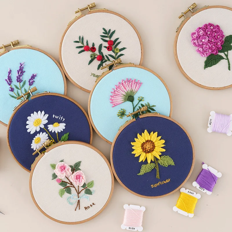 

Beginner DIY Stamped Embroidery Starter Kit Colorful Flowers Plants Pattern Embroidery Cloth Threads Tools Kit Decor Artwork