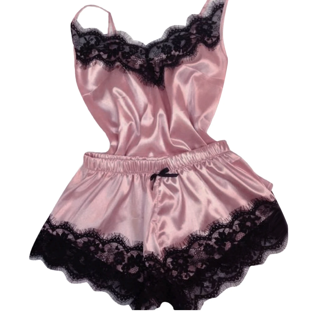 

Ladies Oversize Sleepwear Colorful Lace Patchwork Pajamas Suit 2pcs Wpmen Sleeveless Tank Top and Shorts Sexy
