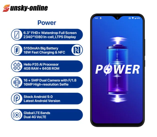 UMIDIGI Power смартфон с 6 3 дюймовым дисплеем ОЗУ 4 Гб ПЗУ 64 ГБ 5150 мАч 16 МП Android 9