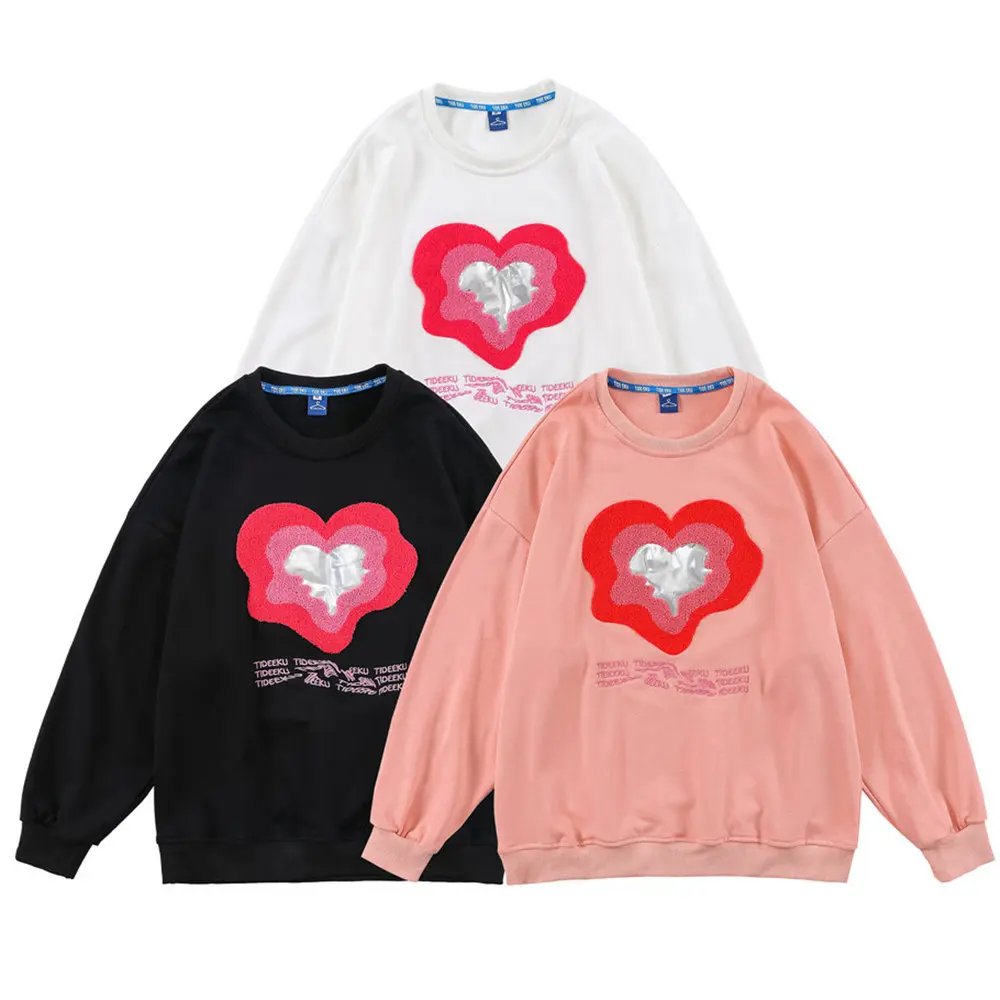 

Men's Sweatshirts Applique Silver Mirror Heart Terry Pile Fabric Harajuku Pullover Oversized Hoodies Women Clothing