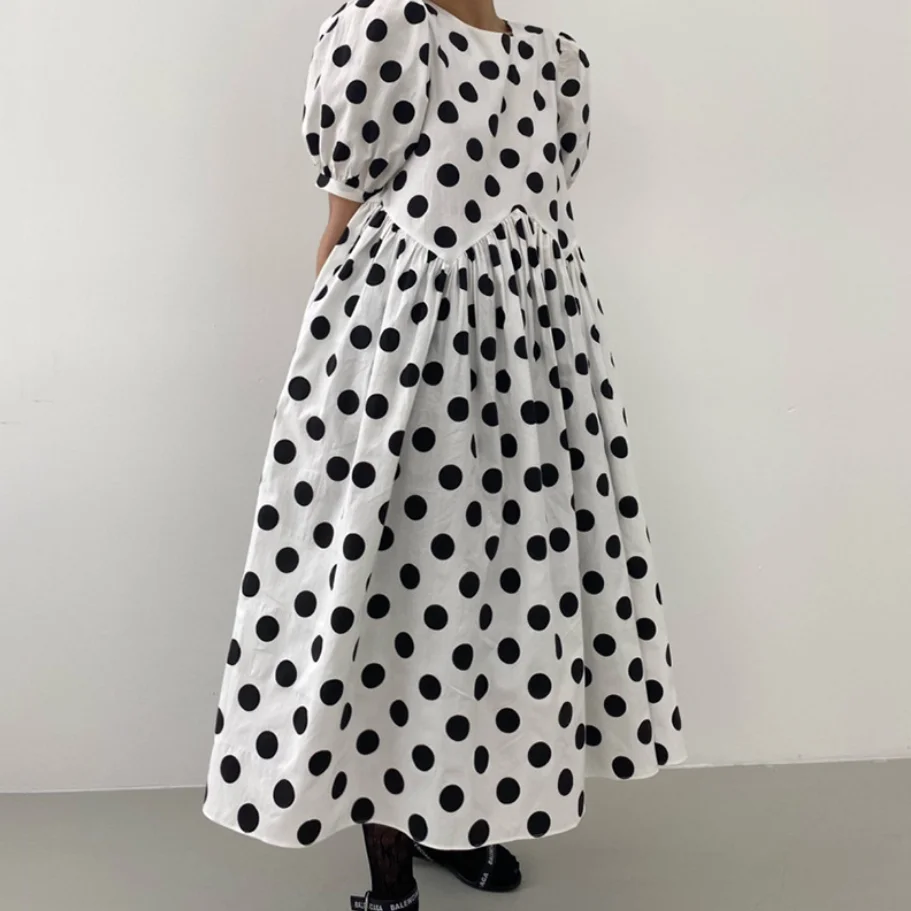 

2022 summer vintage polka dot a-line dress women puff sleeve loose back hollow long dress a-line