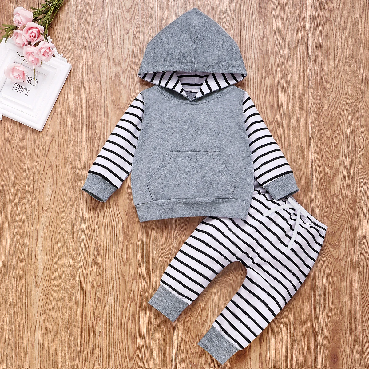 

UK 2PCS Newborn Baby Boy Girl 0-24M Winter Clothes Hooded Tops Striped Pants Outfits