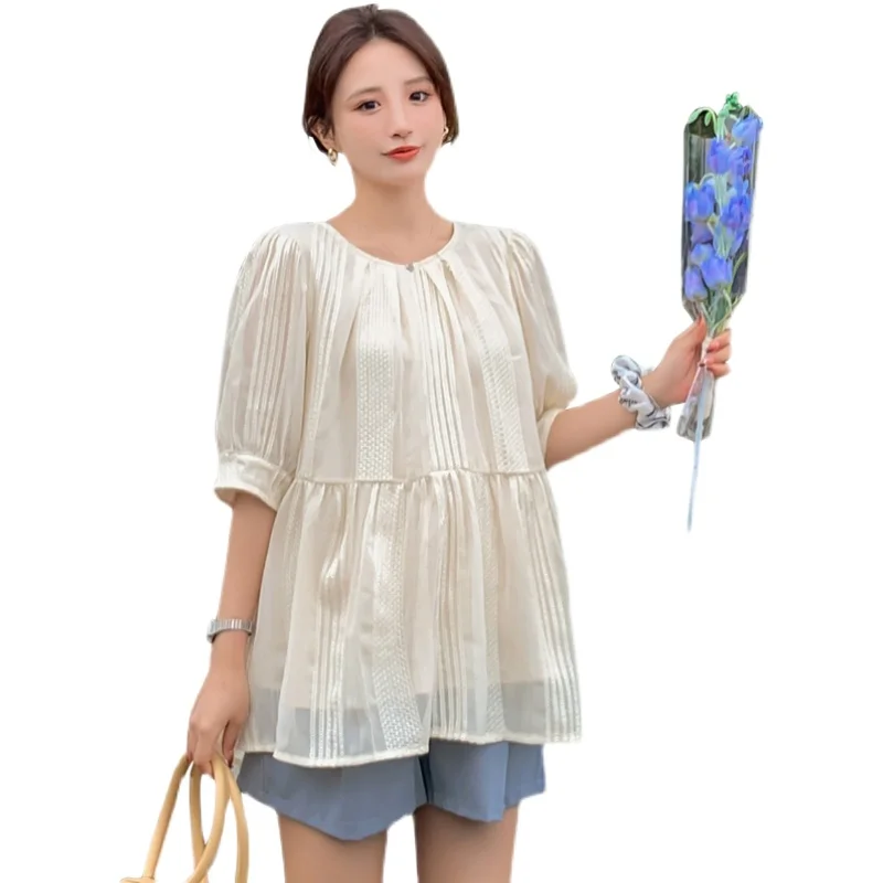 

706# Summer Korean Fashion Chiffon Maternity Shirts + Loose Belly Shorts Sets Casual Suits Clothes for Pregnant Women Pregnancy