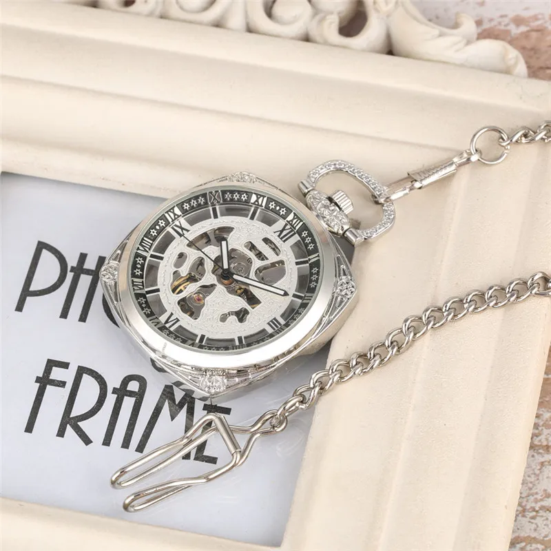 Silver Square Hand-Winding Mechanical Pocket Watch for Men Women Roman Numeral Luminous Hands Pendant Chain Skeleton Clock Gift