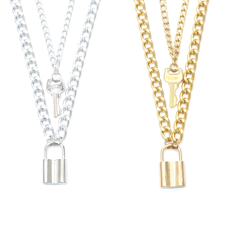 

Punk Goth Double Layer Long Chain Lock Key Pendant Choker Necklace Jewelry Gift