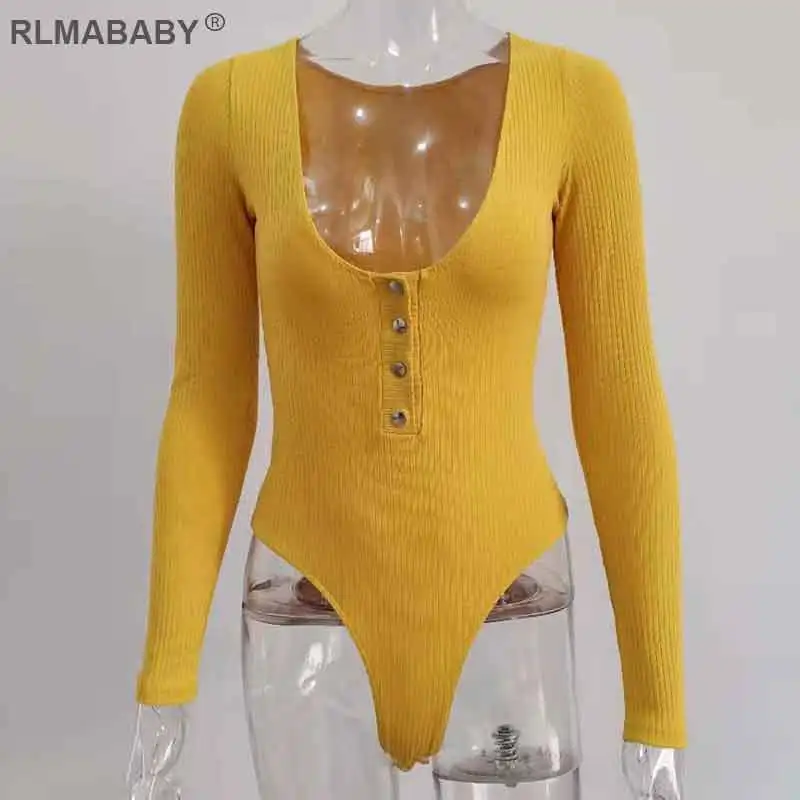 Yellow Rlmaaby сексуальный трикотажный комбинезон с глубоким v-образным вырезом и пуговицами, Облегающий комбинезон с длинным рукавом, женский комбинезон, Осенний базовый топ-боди - Цвет: Yellow