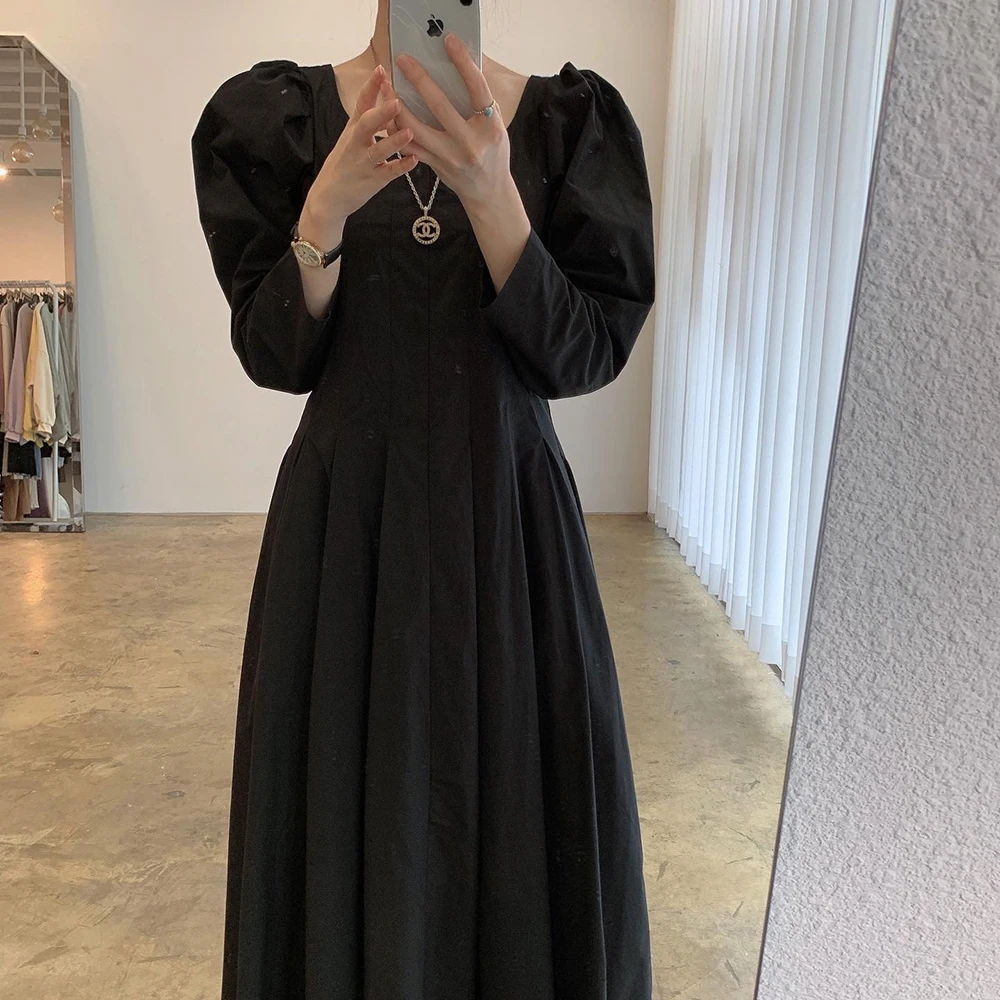 

Korean Chic Retro Elegant French Square Collar Pleated Puff Sleeve Waist Slimming Long Simple A- line Dress