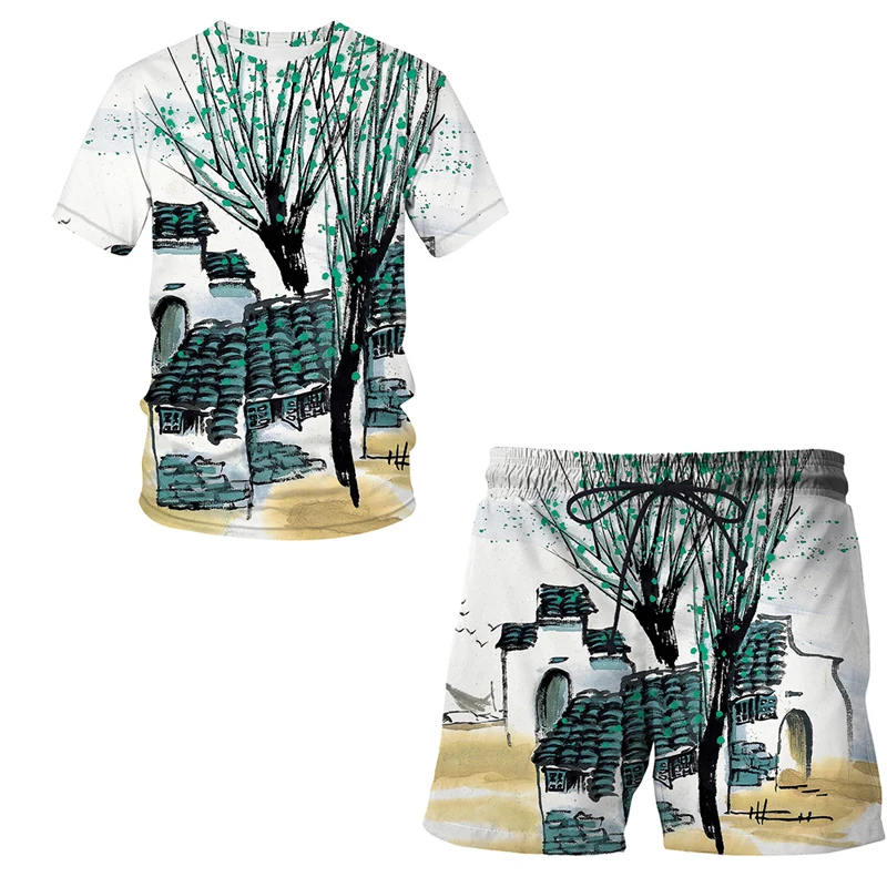 

Chinese brush painting Summer Men Tracksuit 3D Printed T-Shirt Sports Shorts Suit Casual Short Sleeve Short Pants 2 Piece Set