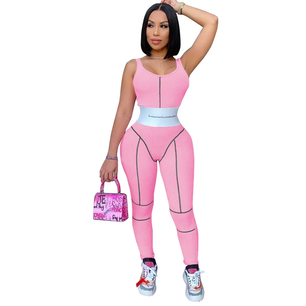 

Letter Striped Patchwork Sportswear Jumpsuit for Women Low Neck Sleeveless Workout Slim Romper Activewear Solid Skinny Bodysuit