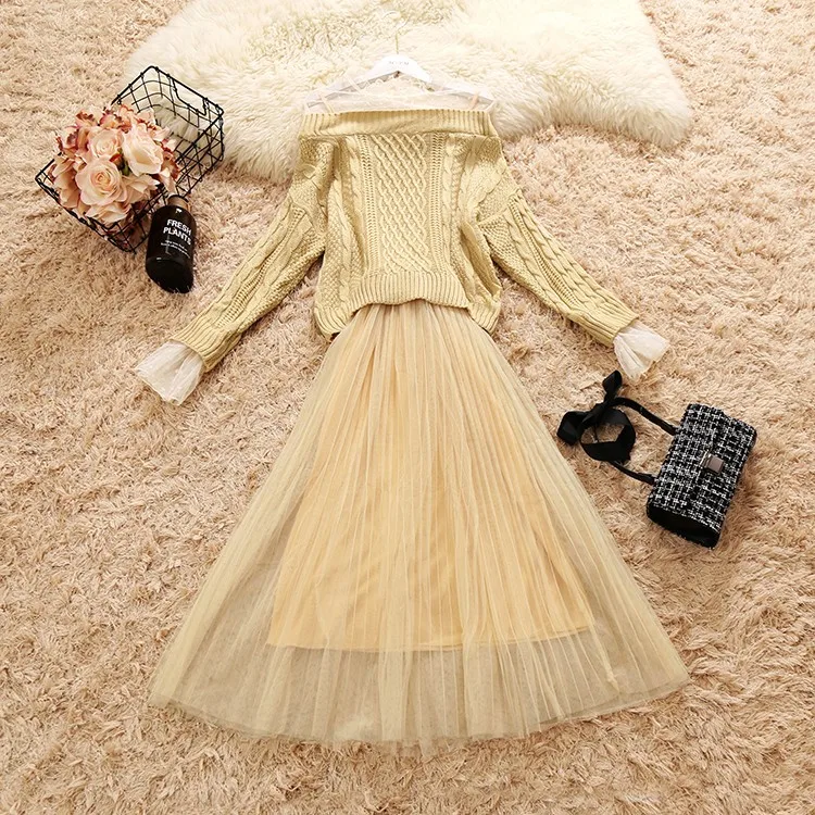 

Amolapha Women Sweater+Straps Dress Sets Long Sleeve Slash Neck Knit Sweaters Mesh Dresses Set for Woman