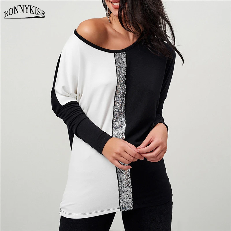 RONNYKISE/топы с длинными рукавами двухцветные пайетками повседневные большие