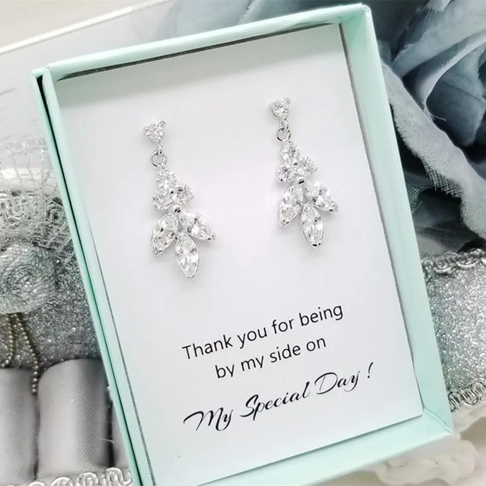 

custom elegant Cubic Zirconia drop dangle Earrings will you be my maid of honor Crystal Jewelry white gold bridesmaid keepsake