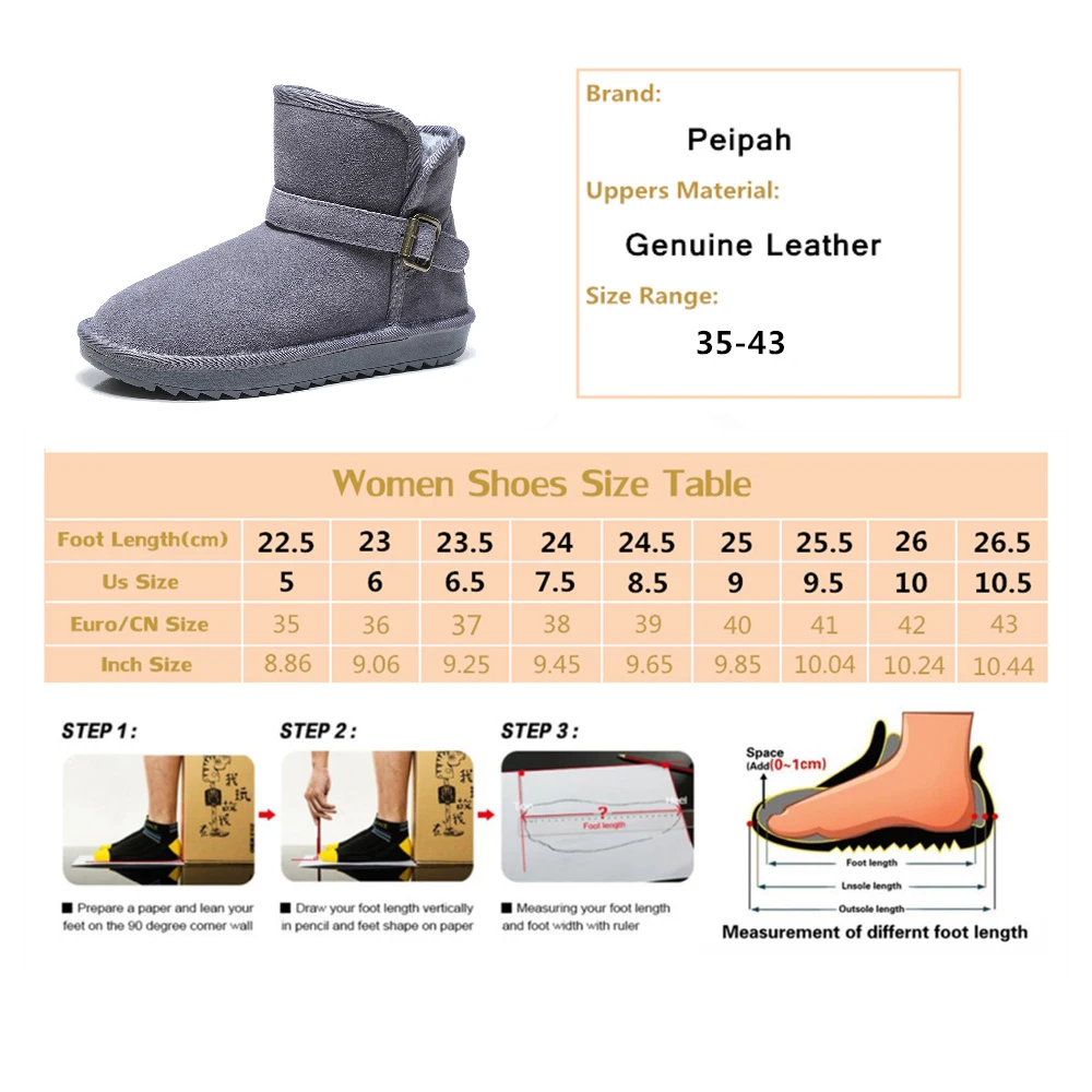 

PEIPAH New Cow Suede Winter Snow Boots Ladies Genuine Leather Rainboots Female Flat With Plush Buckle Shoes for Women Plus Size