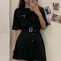 casual t shirt dress with belt women summer korean mini dresses for women streetwear black purple dress vestidos