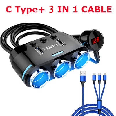 C with 3in1 cable ACCNIC 2 USB порта 3 Way розетка для автомобильного прикуривателя Разветвитель зарядное устройство DC 12~ 24V прикуриватель гнездо черный - Название цвета: C with 3in1 cable
