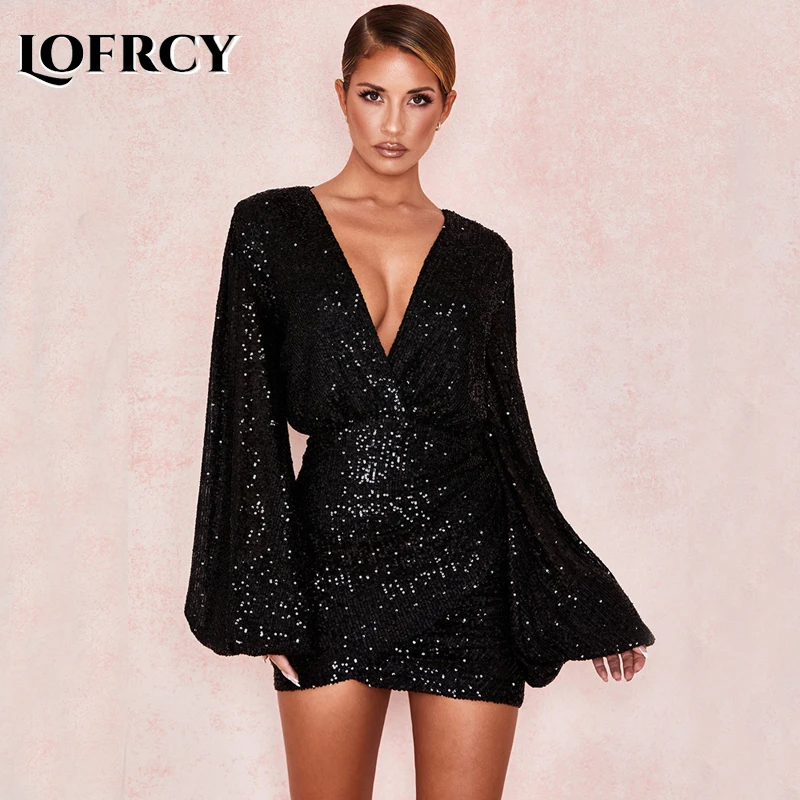 Lofrcy черное блестящее платье с глубоким вырезом и рукавами воздушными шариками