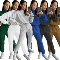 simple casual solid two piece jogging suit for women long sleeve turtleneck sport sweatshirt and drawstring sweatpant activewear