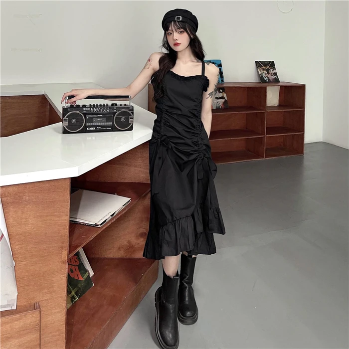 

#0912 Black White Sleeveless Spaghetti Straps Dress Women Sexy Ruffles Asymmetrical Off Shoulder Party Dress Ladies Plus Size4XL