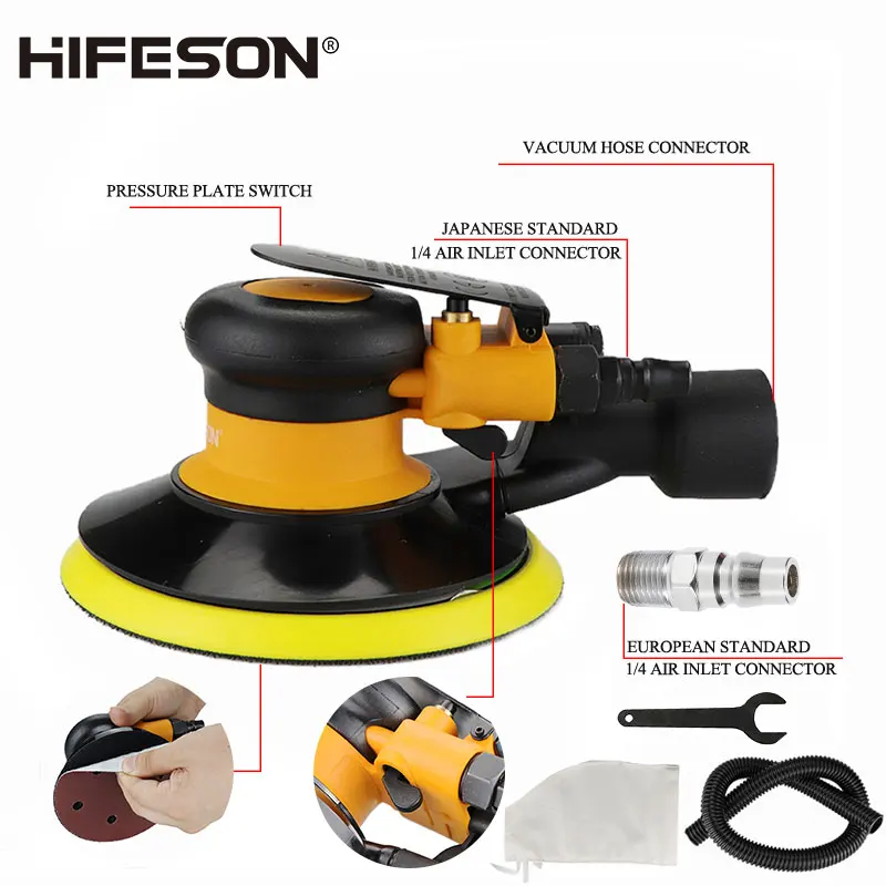 HIFESON Pneumatic Sander Polisher with Vacuuming 6'' 150mm Car Paint Care Tool Polishing Random Orbital Palm Machine M8 Threaded