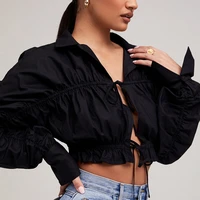 aesthetic folds drawstring blouses y2k fashion sexy long sleeve crop tops show waist lacing top women commute cardigan t shirts