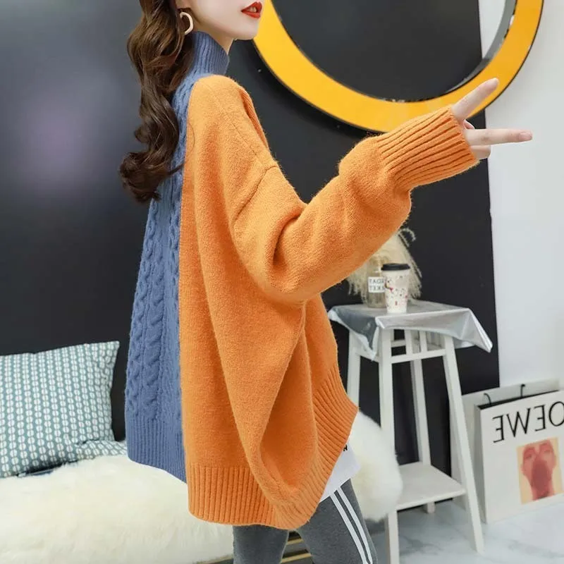 Женский свитер с длинным рукавом свободный разрезом и высоким воротником