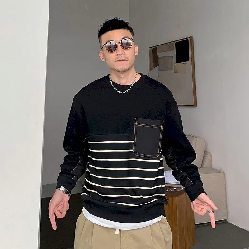 

Autumn Winter Men's Striped Long Sleeve T-shirt Stitching Round Neck Pullover Plus Velvet Thick Top Loose American Jacket Trend