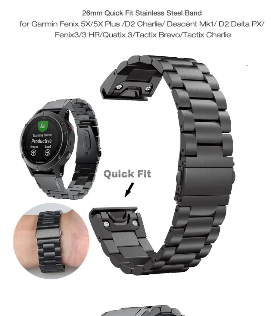 26 22 мм ремешок для часов Garmin Fenix 5X 5 3 3HR D2 6X 6 Pro GPS часы Quick ReleaseStainless стальная полоса
