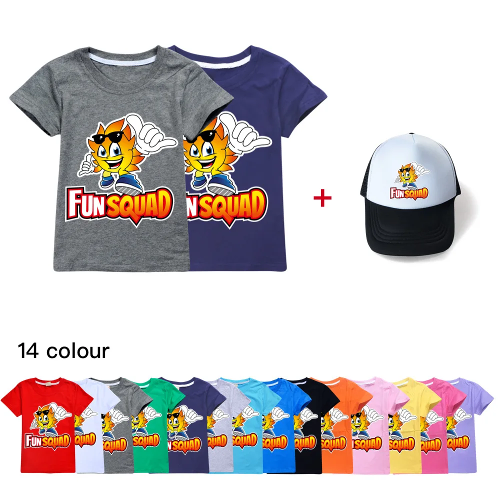

New Baby Clothes Summer Fun Kids Squad Cotton T-Shirt Cartoon Short Sleeve Children's T-Shirts Girls Top Teen Clothing+Sun hat
