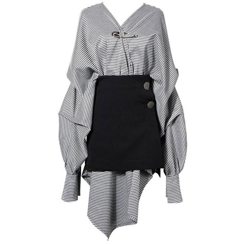 Женское асимметричное платье-рубашка в клетку свободный комплект из двух