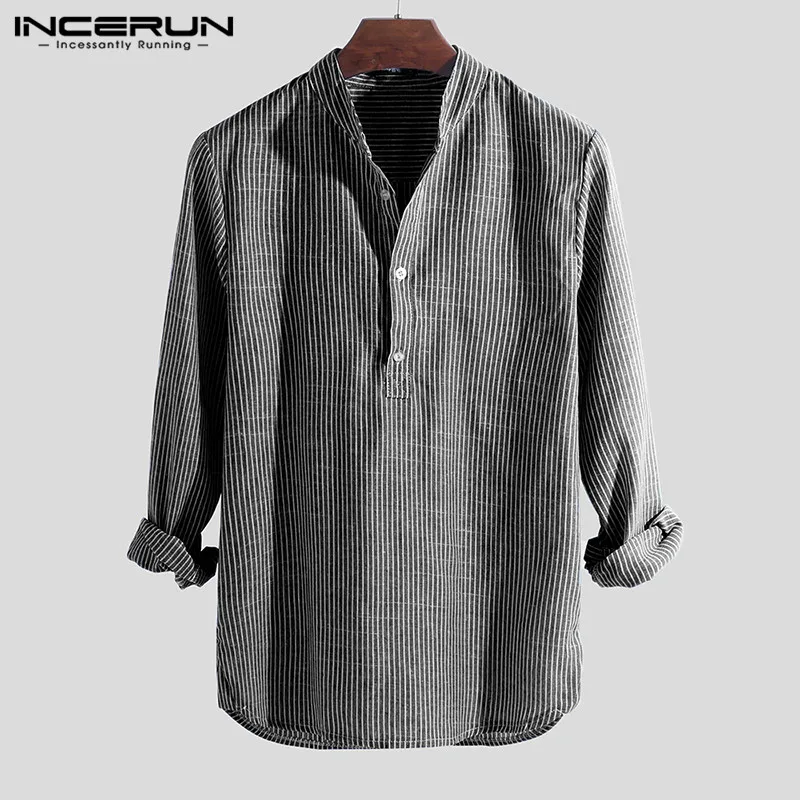 INCERUN Autumn Vintage Men Brand Shirts Striped Chic Stand Collar Button Long Sleeve Camisa Fashion Casual Shirts Men 2022 S-5XL