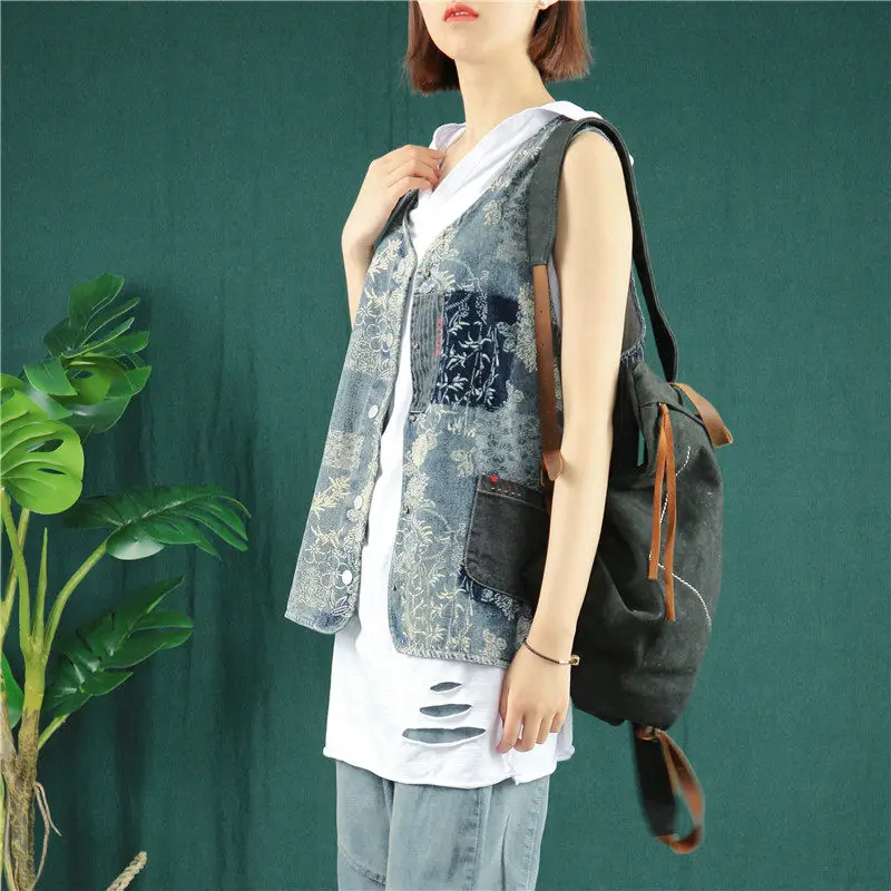 

Retro Literary and Artistic Female Printing Stitching Striped Denim Waistcoat 2020 Spring New Loose Commuter Coat female K410