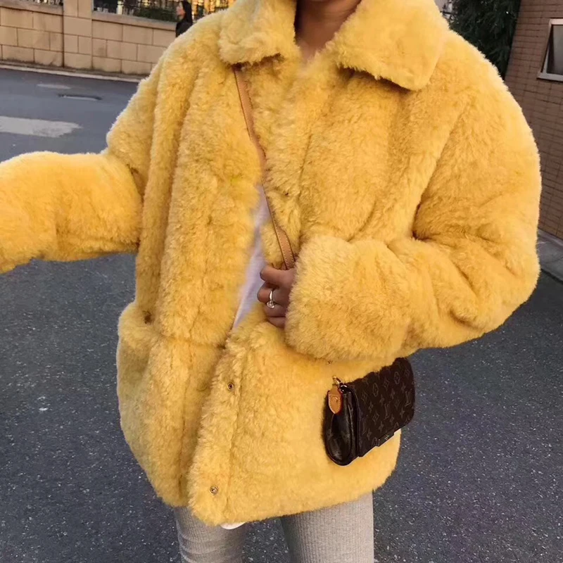 Ins Women Yellow Wool Turn-down Collar Coats Furry Faux Fur Short Jackets Winter Warm Thick Overcoat Plus Sizes Female Outerwear