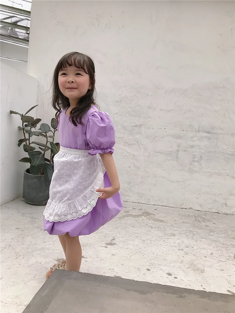 Korean Style New 2020 Summer Baby Girls Violet Princess Dresses Puff Sleeve Retro Lace Apron Maid Costumes Toddlers Kids Dress | Детская
