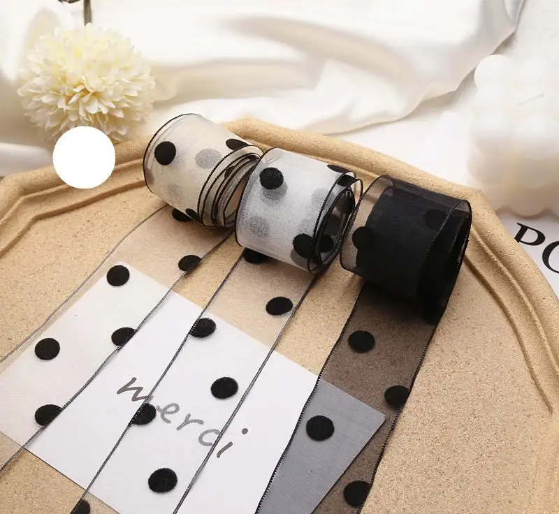 

2 м/лот 40 мм Флокированная черная точечная шифоновая лента с большим бантом материал для украшения волос украшение для упаковки подарков кр...