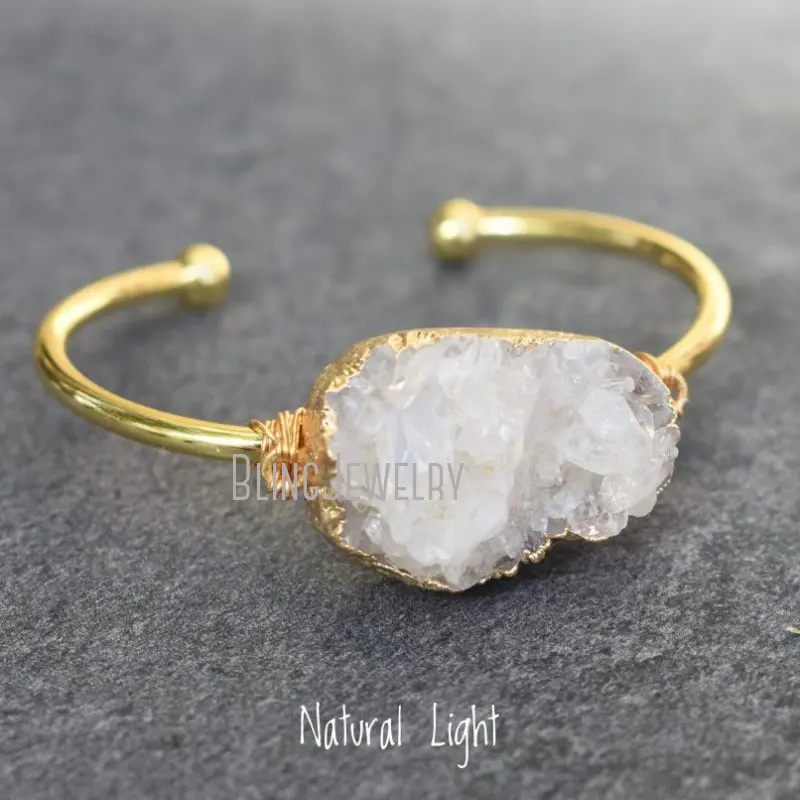 BM39397 натуральный прозрачный белый кластер, браслет, друзи золото, ювелирные изделия, кварцевый браслет, кристаллы, унисекс