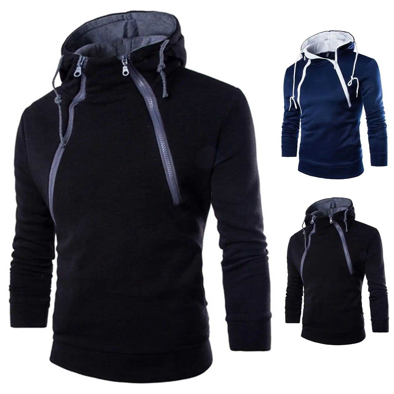 

Men Autumn Fashion Double Zipper Hoodie Long Sleeve Pullover Sports Sweatshirt